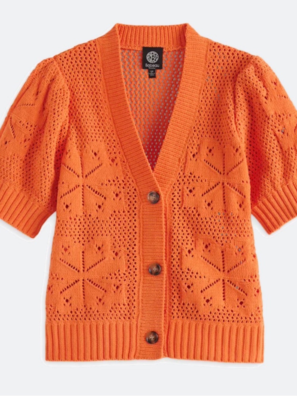 bobeau Orange Open-Knit Button-Front Short Sleeve Cardigan